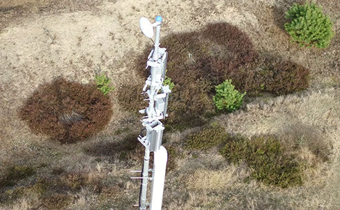 Mast with a directional radio antenna and additional antennas facing different directions