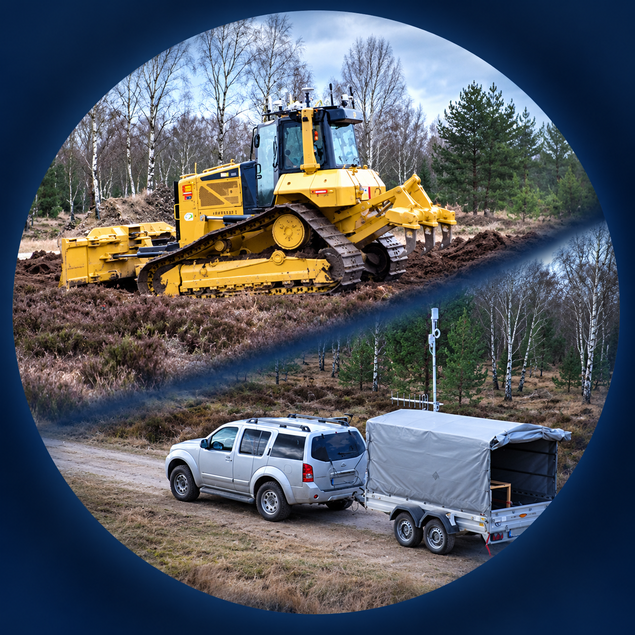 Composite image of the bulldozer and support vehicle with antenna mast